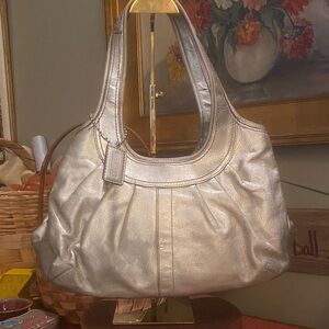 Coach Ergo Silver Metallic Platinum Pleated Kiss Lock Satchel Tote Bag 12831